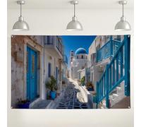 Toile de fond pour mur de porte bleue, fond de photographie de style méditerranéen, charmante scène de rue pour événements, décoration d'été 180 x 109 cm