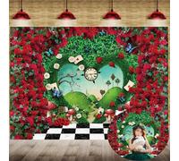 Toile de fond pour photographie - 2,1 x 1,5 m - Rose rouge - Feuille verte - Conte de fées - Pays-des merveilles - Décorations de thé - Fournitures de portrait - Accessoires photo