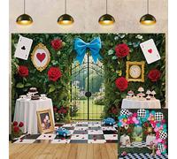 Toile de fond pour photographie au pays des merveilles - Décorations de thé - Rose rouge, feuille verte, conte de fées, anniversaire, fête prénatale, portrait - 2,4 x 1,8 m