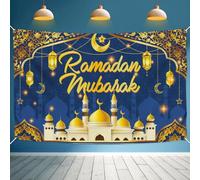 Toile de fond pour photographie de l'Aïd Mubarak, Mosquée musulmane du Ramadan, Mosquée musulmane, lune, étoiles, lanterne, arrière-plan pour Ramadan, Aïd al-Fitr et Aïd (1,8 x 1,1 m)