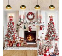 Toile de fond pour photographie de Noël, cheminée blanche, sapin de Noël rouge, bas de Noël, fond d'hiver, Noël intérieur, famille, enfants, fête de vacances, décoration toile de fond (2,4 x 1,8 m