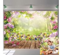 Toile de fond pour photographie de printemps, Pâques, sol en bois, fleurs, paysages naturels, toile de fond pour enfants, anniversaire, fête prénatale, fête de mariage, décoration de fond (213,4 x