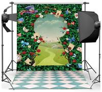 Toile De Fond Pour Photographie De Thé Au Pays Des Merveilles Avec Feuilles Vertes, Rose, Chapeau Magique, Décoration De Tableau À Damier, Accessoire De Cabine D'anniversaire Pour [Shy9290272]