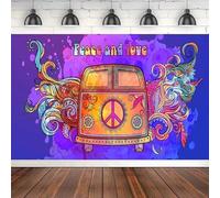 Toile de fond pour photographie Motif années 60/70 Peace And Love Musique Vintage Voiture Baby Show Mariage Anniversaire Fête Décor Studio Photo 210 x 150 cm