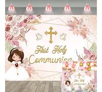 Toile de fond pour première communion, rose floral, dieu bénédiction, baptême, photographie de fond pour filles, nouveau-né, baptême, fête prénatale, décorations de fête (240 x 180 cm)