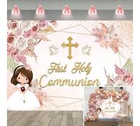 Toile de fond pour première communion, rose floral, dieu bénédiction, baptême, photographie, fond pour photographie de filles, nouveau-né, baptême, fête prénatale, décorations de fête (210 x 150 cm)