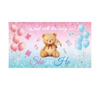 Toile de Fond pour Révélation du Sexe, 180x100 cm Bannière avec Inscription Que Sera le Bébé et Il ou Elle Ballon sur Thème de l'Ours Décoration de Fête pour Révéler Genre pour Baby Shower