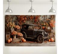 Toile de fond pour voiture vintage d'automne, décorations d'automne rustiques avec citrouilles et tournesols, parfaite pour fête de Thanksgiving, fournitures de photomaton 180 x 109 cm