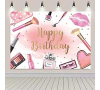 Toile de fond rose pour fête spa sur le thème du salon de maquillage « Happy Birthday » pour photographie, princesse pour fille, femme, cosmétiques, décoration de fête à thème (2,4 x 1,8 m)