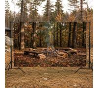 Toile de fond rustique avec feu de camp d'automne - 180 x 109 cm | Scène rustique de la forêt, toile de fond pour photo, feuilles tombées, bancs en bois, esthétique sauvage