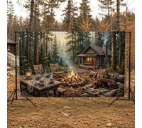 Toile de fond rustique en forme de cabane sauvage 200 x 140 cm | Cabane de forêt rustique, toile de fond pour photographie, feu de camp crépitant, chien paisible, tasses à café vapeur