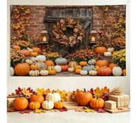 Toile de fond rustique Motif citrouilles d'automne 180,3 x 109,2 cm | Mur de briques rustiques, toile de fond pour photo, porte en bois de ferme, couronne de récolte d'automne