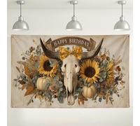Toile de fond rustique pour anniversaire, motif tête de mort avec tournesols et citrouilles, décorations de fête vintage pour célébrations d'intérieur/extérieur 180 x 109 cm
