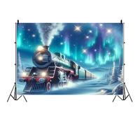 Toile de Fond scène de Neige hivernale, Trains en Marche, Ciel étoilé Auraro, arrière-Plan pour Photographie d'anniversaire, Pays des Merveilles, Paysage enneigé, Portrait, Photo 2.5x1.8