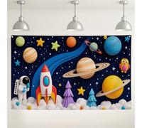 Toile de fond spatiale colorée sur le thème de la fusée et de la planète, arrière-plan cosmique intérieur/extérieur pour photographie d'anniversaire d'enfants, 180 x 109 cm