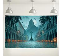 Toile de fond sur le thème d'Halloween, scène de rue effrayante avec citrouilles et chauves-souris, parfaite pour les décorations de fête, fournitures de photomaton intérieur/extérieur, 180 x 109 cm