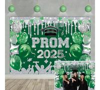 Toile de fond verte et argentée pour remise de diplôme 2025, ballons à paillettes vertes, fond pour photographie de bal de fin d'année, de félicitations de 2025 (210 x 150 cm)