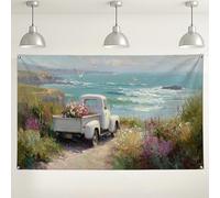 Toile de fond vintage motif camion floral, scène de plage rustique, décoration de fête, beau fond de photographie en plein air pour mariages, événements d'été, 180 x 109 cm