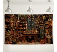 Toile de fond vintage pour atelier de Noël, décoration de vacances rustique, scène d'intérieur et d'extérieur marron chaud pour fêtes et événements saisonniers, 180 x 109 cm