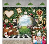 Toile de fond Wonderland pour fête de thé, feuilles vertes, roses, damier, conte de fées, arrière-plan pour photographie, fête prénatale, anniversaire, bannière pour portrait (2,4 x 1,8 m)