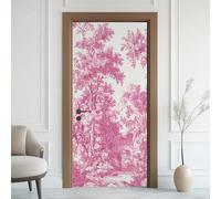 Toile de Jouy Rose Sticker Mural, Forêt Forest Autocollants De Porte Muraux Décoration Poster Murale, Pont en Arc Stickers de Porte Imperméable Vinyle 80x200 cm