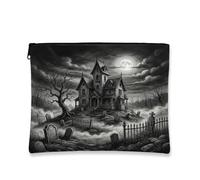 Toile de maison hantée avec fermeture éclair, gothique effrayant, arbre cimetière, Halloween, noir, portable avec fermeture éclair, trousse de maquillage pour voyage, coiffeuse, salle de bain et