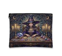 Toile de sorcière avec fermeture éclair, cartes de tarot mystique, bougies, Halloween, trousse de maquillage pour femme, pour voyage, coiffeuse, salle de bain, rangement de sac à main et usage