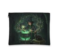 Toile de sorcière avec fermeture éclair, chaudron gothique, chat, Halloween, trousse de maquillage pour femme, pour voyage, sac à main, salle de bain, coiffeuse et rangement quotidien, vert, 7x9 Inch