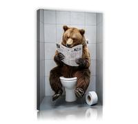 Toile de toilette drôle d’ours peintures imprimées illustrations de lecture d’animaux sur le journal Affiche toile salle de bain Décoration fantaisiste pour une œuvre d’art intérieure 25x40cm