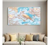 Toile Déco Murale XXL Flore Pivoines et Chardonneret 150 x 100 cm Bleu | Tableau Géant Animalier Sans Cadre, Décoration Poétique Splendide pour Grand Espace Salon et Véranda, Toile Textile Robuste