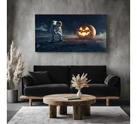 Toile Decoration Murale Halloween Lanterne Citrouille Grand Cadre pour Salon et Bureau Science Fiction Astronaute Tableau Moderne pour Chambre Adulte Spatial Lune Peinture sur Toile XXL 80x160cm