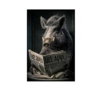 Toile décorative avec cadre en bois massif - Sanglier sauvage fantaisiste - Décoration murale unique - A_hyper-réalistic_photo_of_an_angry_sangry_sitting_and_reading_a_n-poster_1