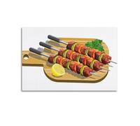 Toile décorative dessinée à la main avec brochettes de viande grillée du Moyen-Orient avec citron et persil - Décoration murale moderne pour chambre à coucher - 30 x 45 cm