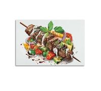 Toile décorative dessinée à la main avec brochettes de viande grillée du Moyen-Orient avec sauce au yaourt et légumes - Décoration murale moderne pour chambre à coucher (50 x 75 cm)