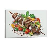 Toile décorative dessinée à la main avec brochettes de viande grillée du Moyen-Orient avec sauce au yaourt et légumes - Décoration murale moderne pour chambre à coucher - 30 x 45 cm