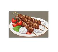 Toile décorative dessinée à la main avec brochettes de viande grillée du Moyen-Orient avec tomate et oignon - Décoration murale moderne pour chambre à coucher (50 x 75 cm)