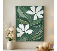 Toile décorative florale printanière verte, impression de feuilles blanches, décoration esthétique abstraite de la maison pour salon, chambre, salle de bain, toile enveloppée de 40,6 x 50,8 cm