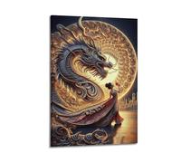 Toile décorative moderne pour la maison - Affiche de mythe - Dragon doré et femme en robe rouge mystérieuse et choquante ajoutant une atmosphère fantastique aux études - 60 x 90 cm - Framboise