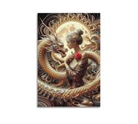 Toile décorative moderne pour la maison - Affiche de mythe - Dragon doré et femme mystérieuse et choquante - Ajout d'une atmosphère fantastique aux études - 60 x 90 cm - Style sans cadre