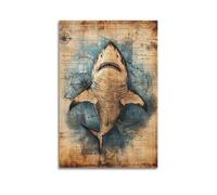 Toile décorative moderne pour la maison, affiche de requin sur une carte rétro - Décoration murale esthétique - Motif requin - Ajoute du plaisir aux enfants - 30 x 45 cm - Sans cadre