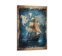 Toile décorative moderne pour la maison - Affiche esthétique de l'espace de vie - Affiche de paysage - Carte du monde et bateau à voile mystérieux et choquant ajoutant une atmosphère fantastique aux