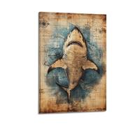 Toile décorative moderne pour la maison - Affiches esthétiques d'espace de vie - Poster animal requin sur une carte rétro - Mignon et curatif - Ajoute du plaisir aux enfants aux chambres d'enfants