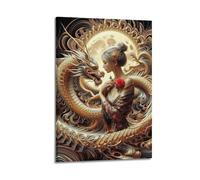 Toile décorative moderne pour la maison - Esthétique - Affiche mythe - Dragon doré et femme mystérieuse et choquante - Ajout d'une atmosphère fantastique aux études - 20 x 30 cm - Style cadre