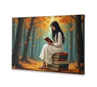 Toile décorative pour chambre à coucher avec inscription « A Woman In A White Dress Sits on a Stack Of Books Reading in a Autumn Forest » - Décoration religieuse de Pâques - Décoration d'intérieur