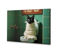 Toile décorative pour décoration murale de Pâques avec chat enveloppé dans une serviette assis sur une toilette pour salon, salle de bain (30 x 40 cm)