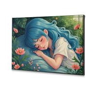Toile décorative pour décoration murale de Pâques avec une fille aux cheveux bleus endormie parmi des fleurs (20 x 30 cm)