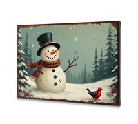 Toile décorative pour décoration murale de Pâques Bonhomme de neige dans un chapeau haut-de-forme avec un oiseau rouge 40 x 60 cm