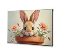 Toile décorative pour décoration murale de Pâques Motif lapin dans un pot de fleurs roses 20 x 30 cm