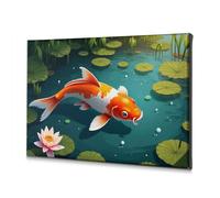 Toile décorative pour décoration murale de Pâques Motif poisson koi coloré nage dans un étang entouré de lys 20 x 30 cm