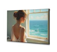 Toile décorative pour salon avec inscription « A Woman regardes out at the Ocean » (40 x 60 cm)